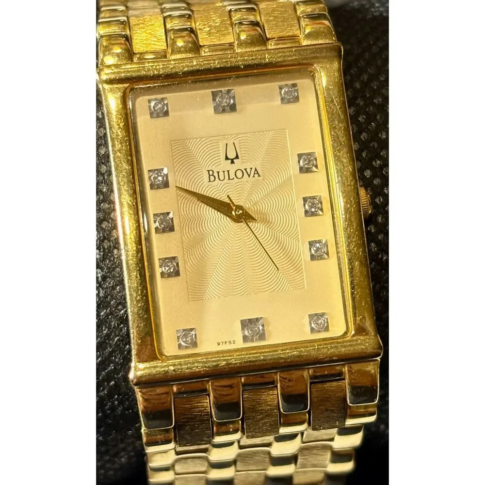 Bulova Men's Diamond Accent Gold-Tone Tank (Model 97F52) – Fresh Battery!